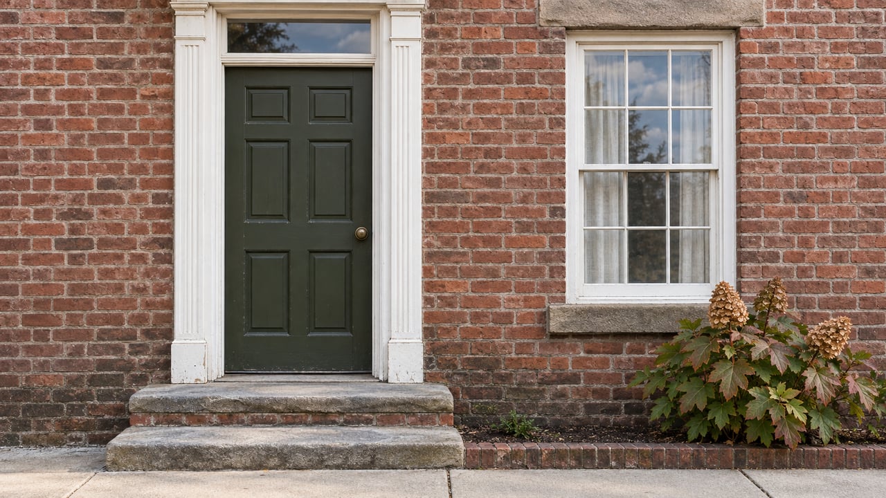 Dark olive paneled door and white sash window in weathered red brick, above stone steps beside an oakleaf hydrangea.