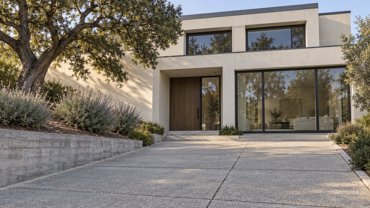 A stepped ivory stucco home with broad glazing, a recessed timber entry, and a concrete approach beside a mature oak.