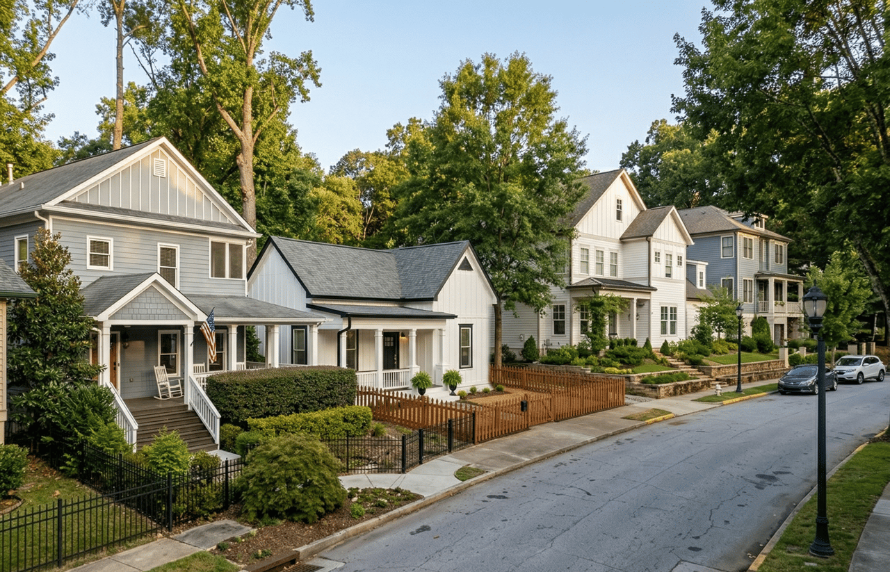 Residential street in Ormewood Park Atlanta featuring historic homes and modern infill housing