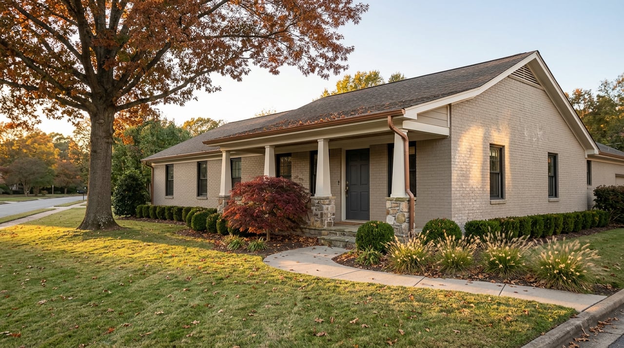 Single-story brick home with a stone-based porch, deep lawn, and red and russet autumn trees.