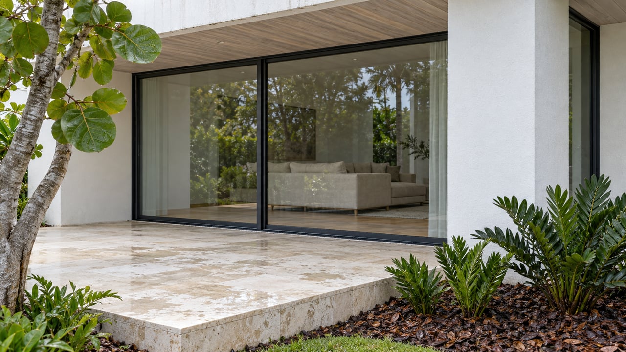 Covered contemporary terrace with pale limestone paving, a wood soffit and closed dark-framed glass doors beside sculptural tropical planting.