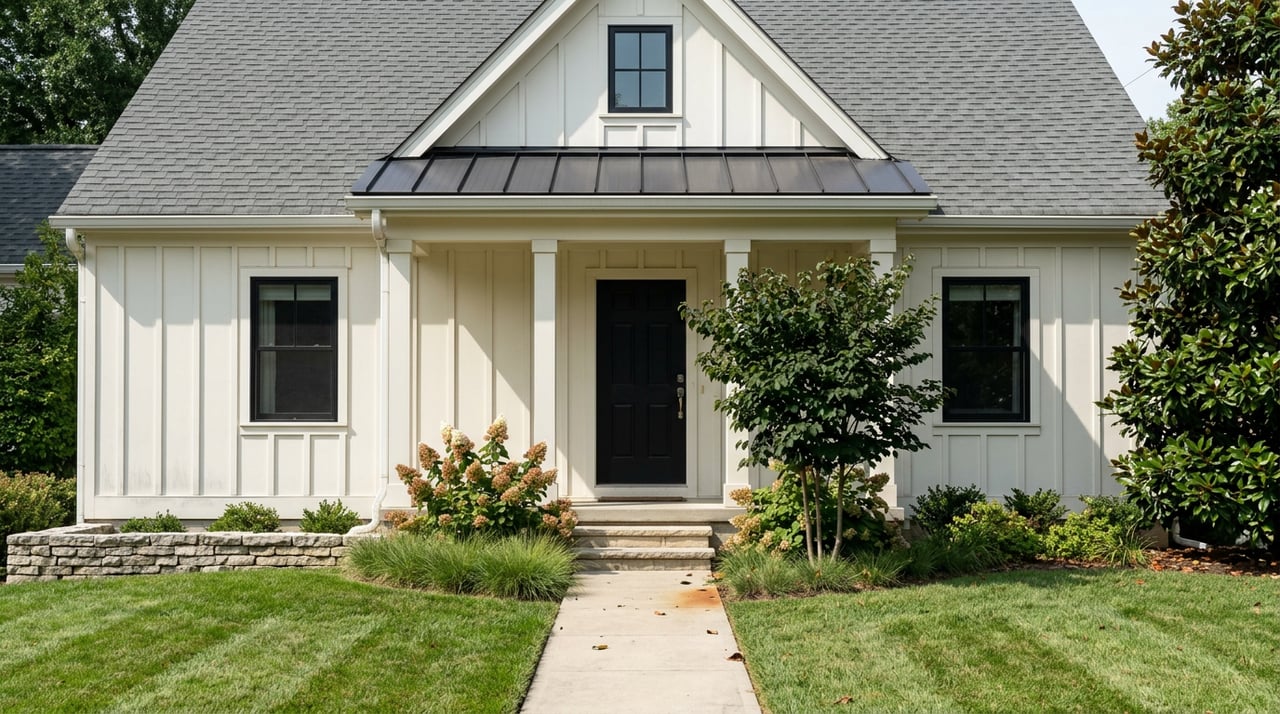 Warm-white suburban home with dark metal porch roof, limestone garden wall, and leafy trees beside the front walk.