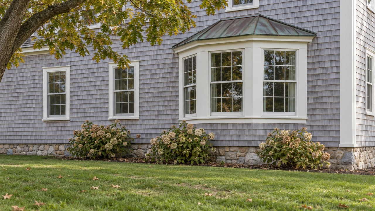 Silver-gray shingled house wing with a copper-capped bay window, pale stone foundation, and oak leaves on the lawn.