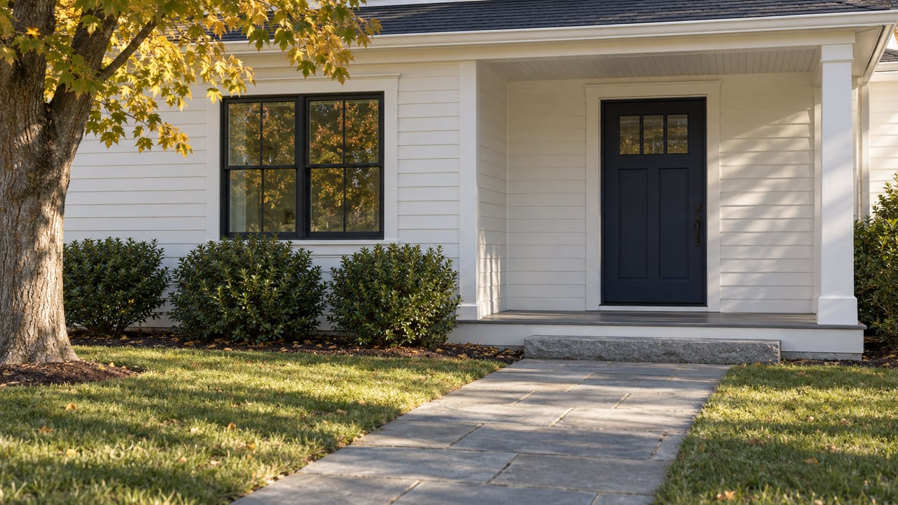 Bluestone walk crosses a lawn toward a white clapboard house’s navy door and recessed porch.