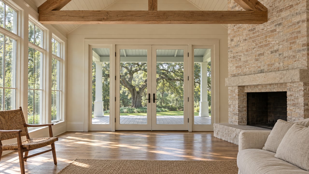 Airy living room with an ivory cathedral ceiling, oak floors, pale brick fireplace and glass doors opening visually onto a shaded porch.