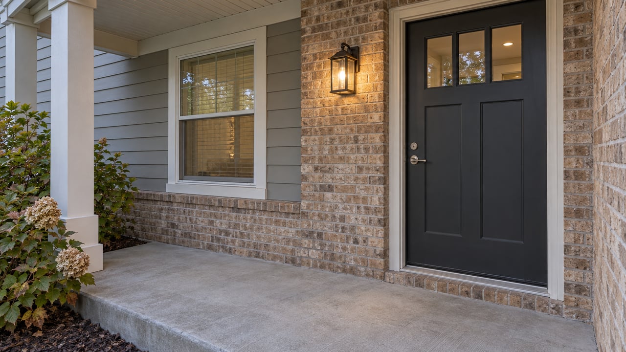 Covered front porch at early evening with a charcoal door, buff brick, painted siding and oakleaf hydrangea beside the concrete step.