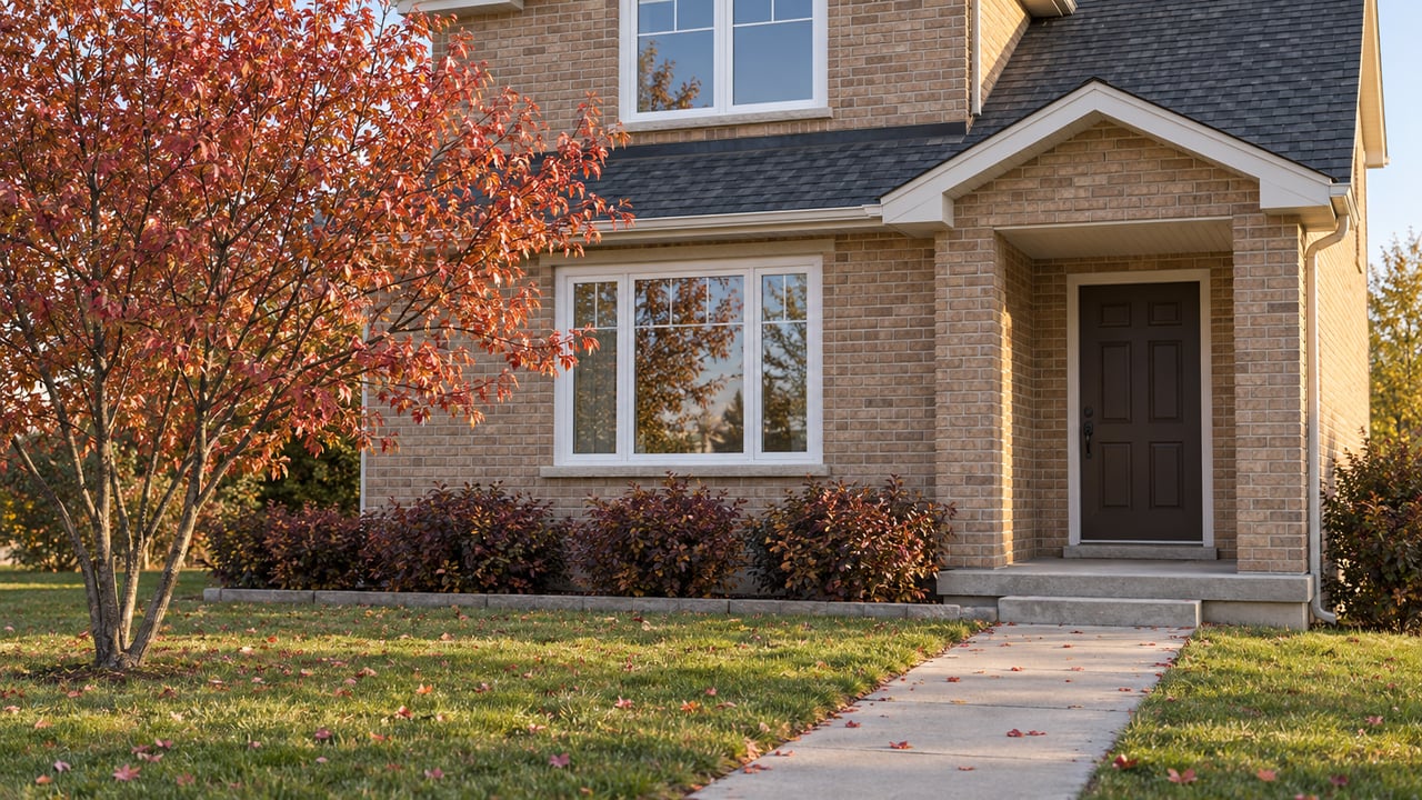 Tan brick two-story house with a dark gabled roof, concrete walk, and copper-red autumn tree on the lawn.