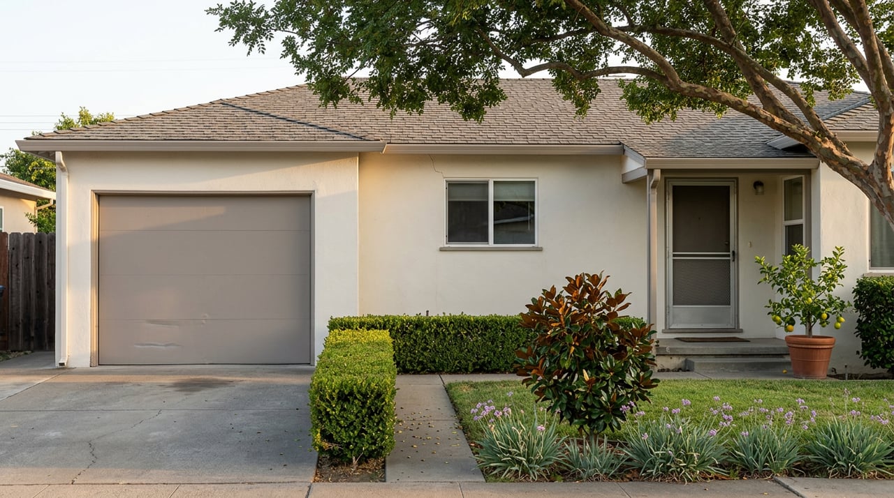 Single-story ranch house with a taupe garage, recessed entry, clipped hedge, and tree canopy overhead.