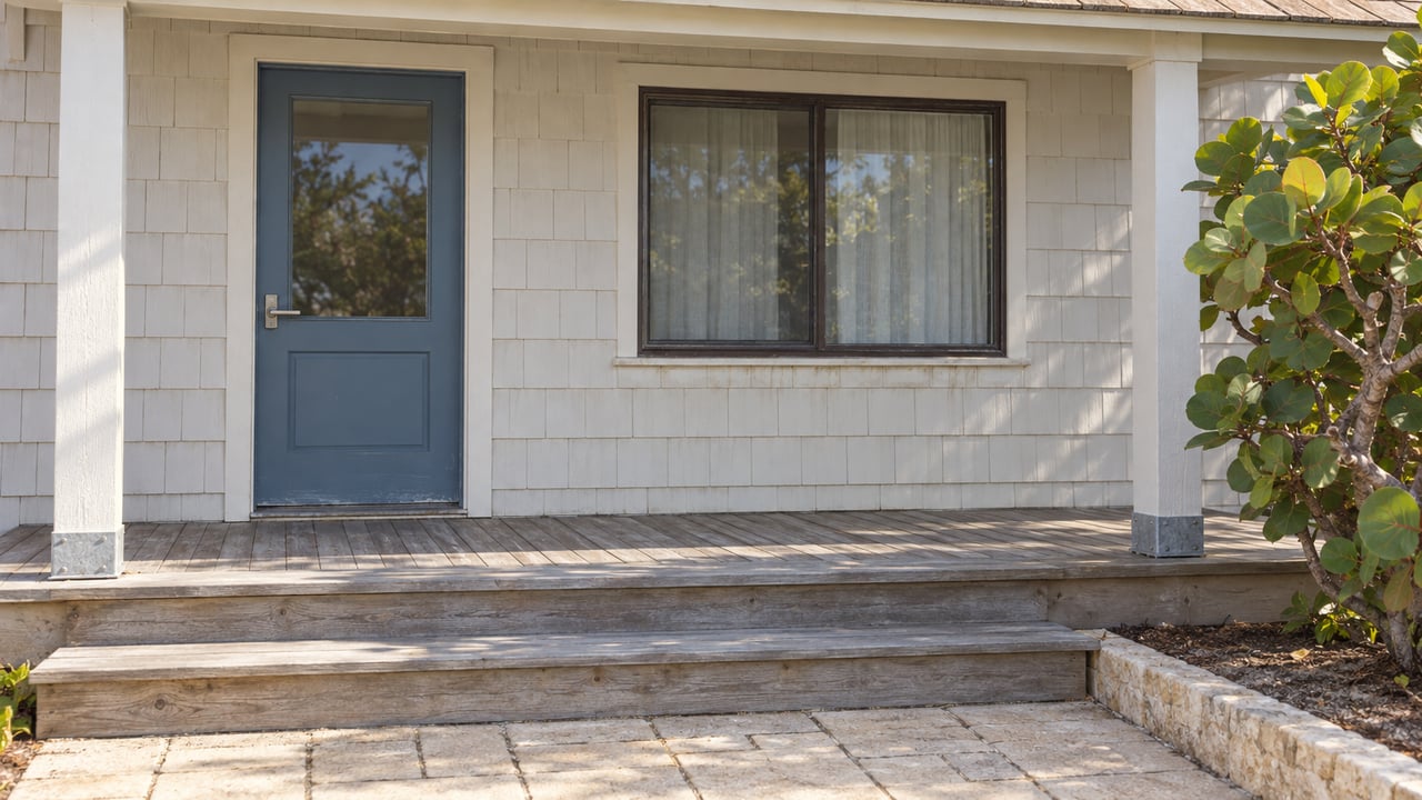 Ivory shingle-sided home with a blue glazed entry door, weathered timber porch steps and a sea grape tree beside a pale paver approach.