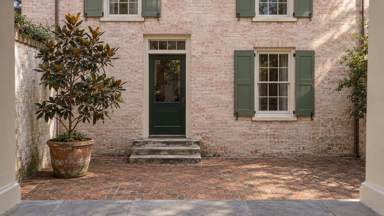 An oyster-pink historic home with green shutters and limestone steps faces a weathered brick courtyard containing a potted magnolia.