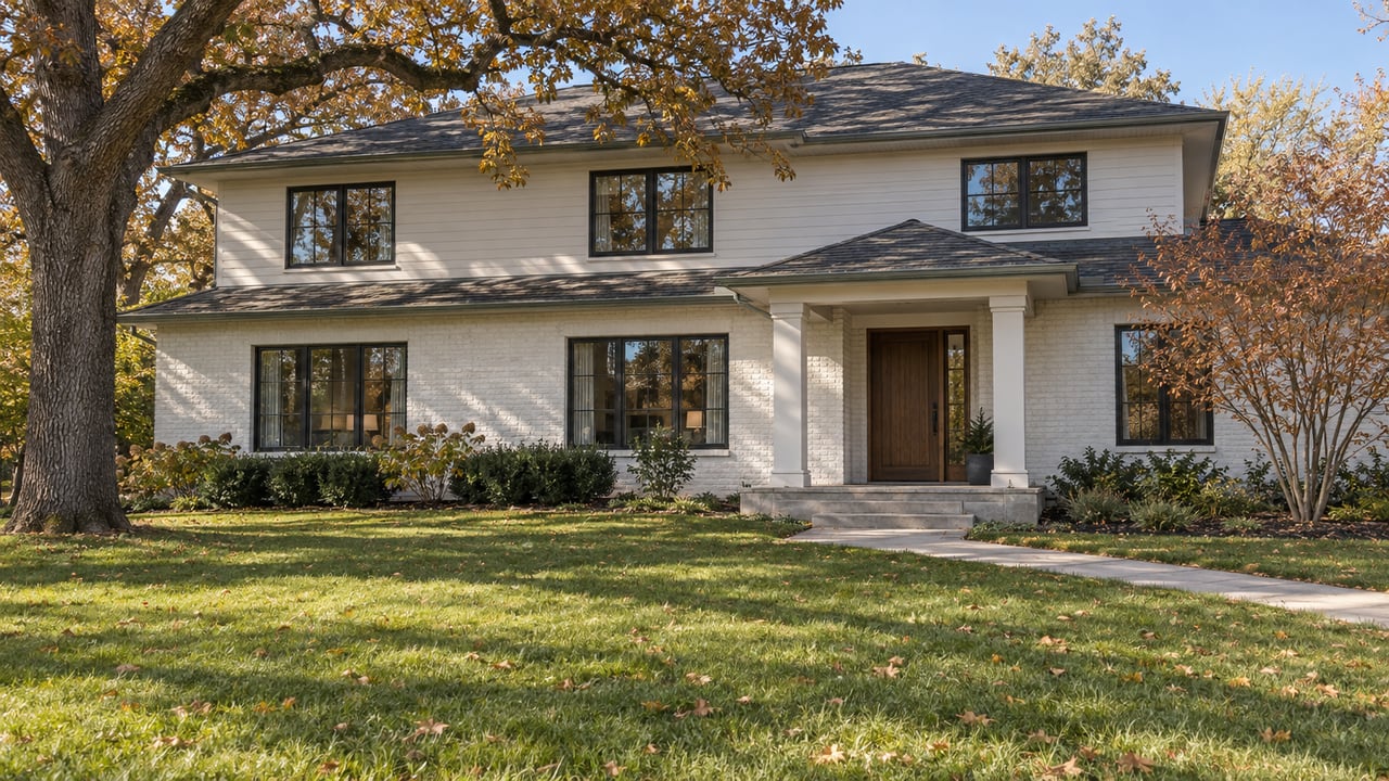 White-painted brick and siding home with a recessed columned entry, deep autumn lawn, and mature oak canopy.