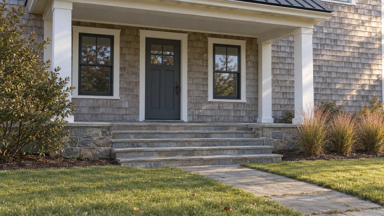 Weathered cedar-shingle house with a covered white-post porch, broad bluestone steps, and a lawn approach.