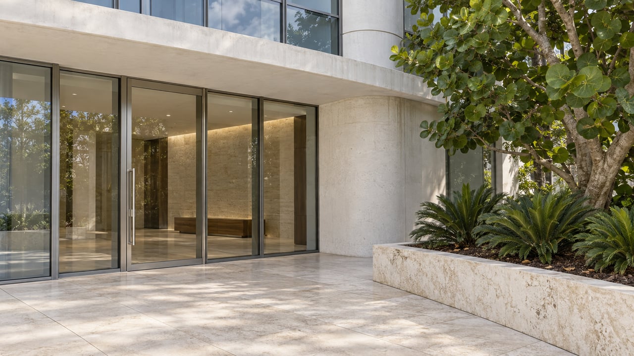 Contemporary residential entrance with white concrete, blue-gray glazing, pale limestone paving, and a sculptural sea grape tree in a raised stone planter.