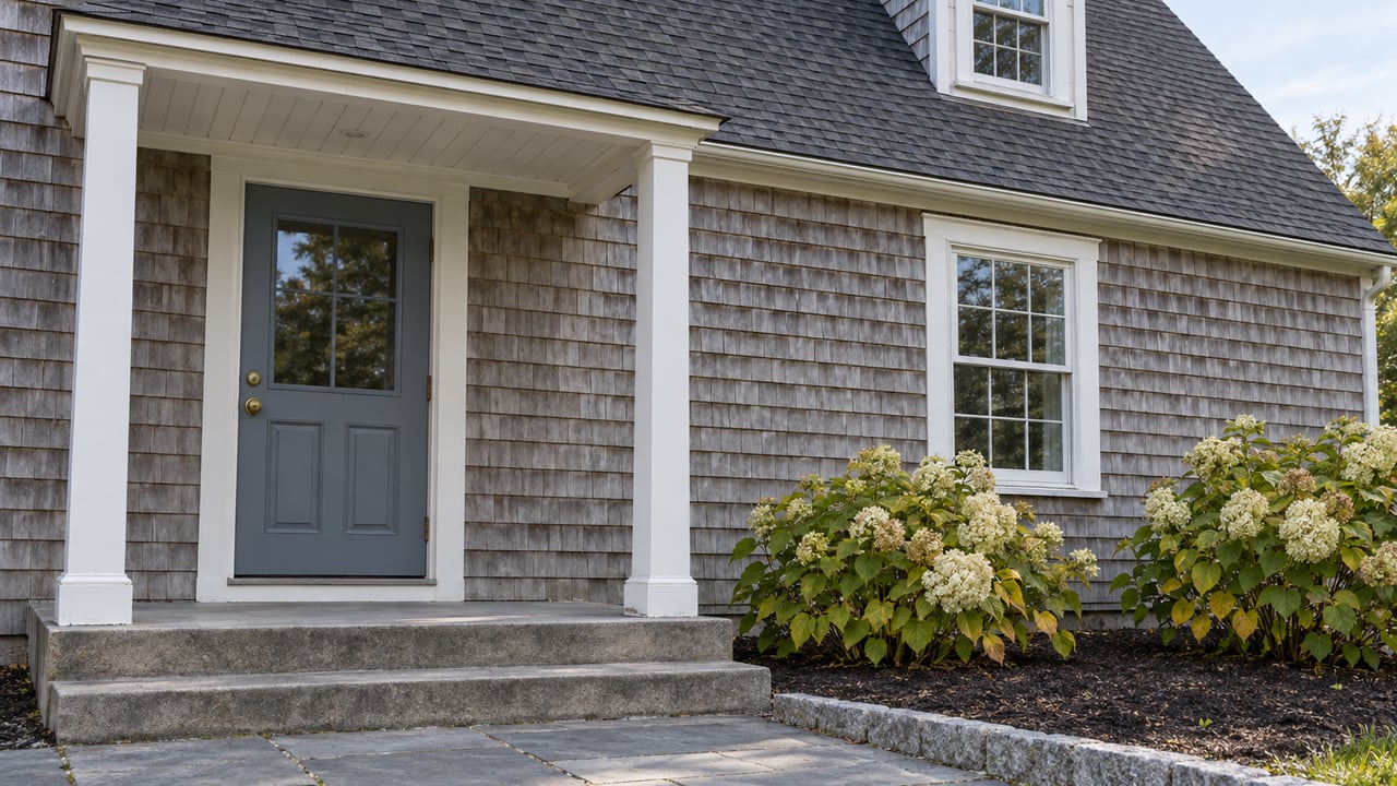 Shingle-sided house entrance with a slate-blue door, white porch columns, and flowering hydrangeas.