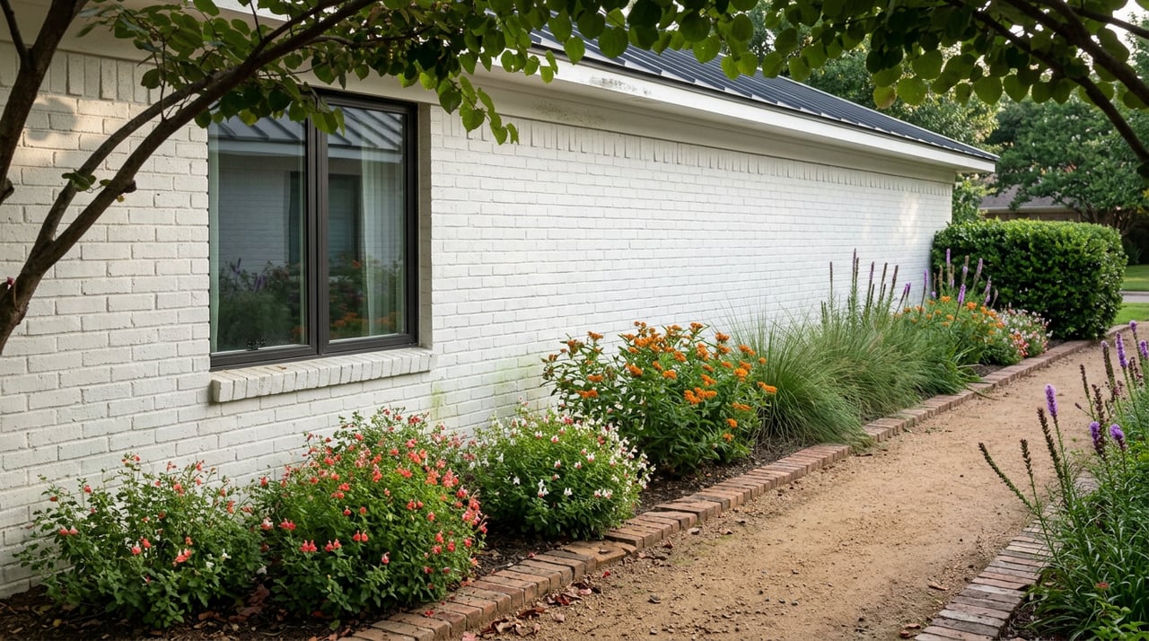Side-yard garden path beside a white brick wall, edged with flowering plants and ending at a clipped hedge.