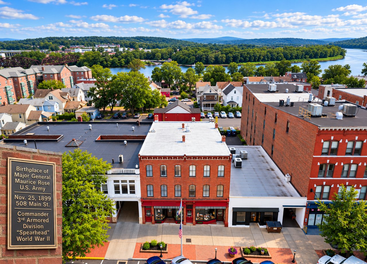 Aerial view of a downtown beside a river, with a historic plaque identifying 508 Main St.