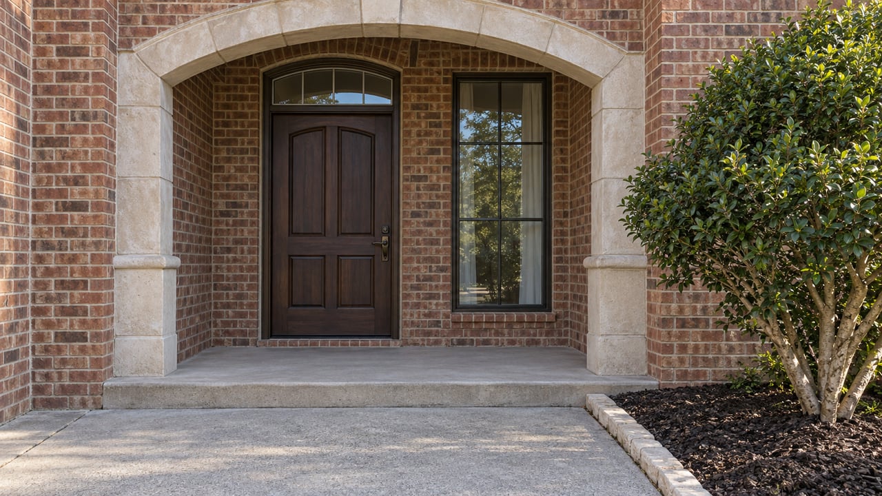 Warm brick home entrance with a pale limestone arch, dark wood door, bronze-framed window and a sculptural yaupon holly beside the concrete approach.