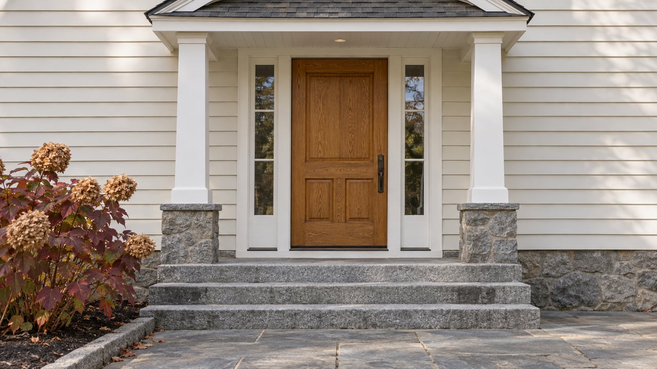 Oak front door with paired glazed sidelights beneath a white timber portico, gray granite steps and an autumn oakleaf hydrangea.