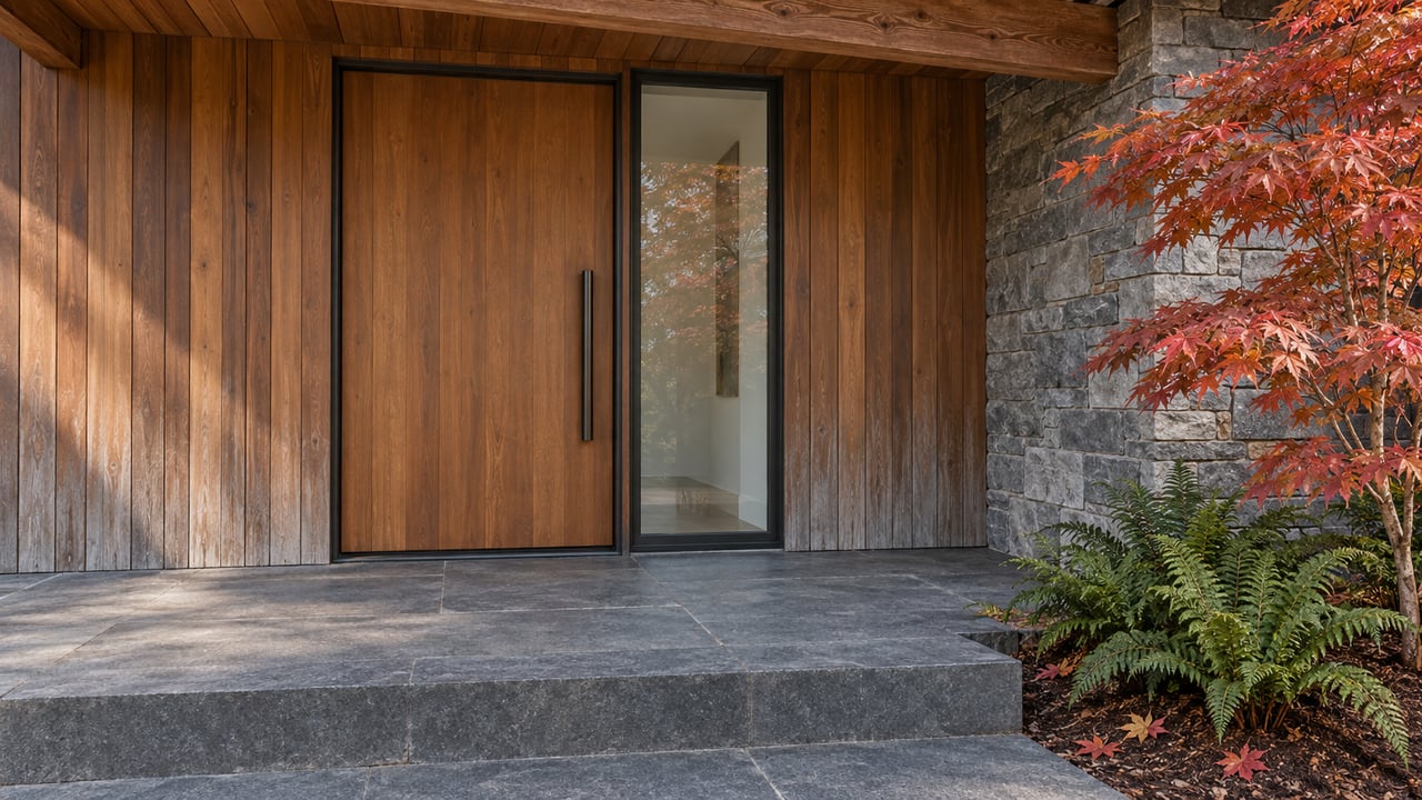 Covered contemporary home entry with a fir door, cedar siding, basalt steps and autumn Japanese maple foliage.