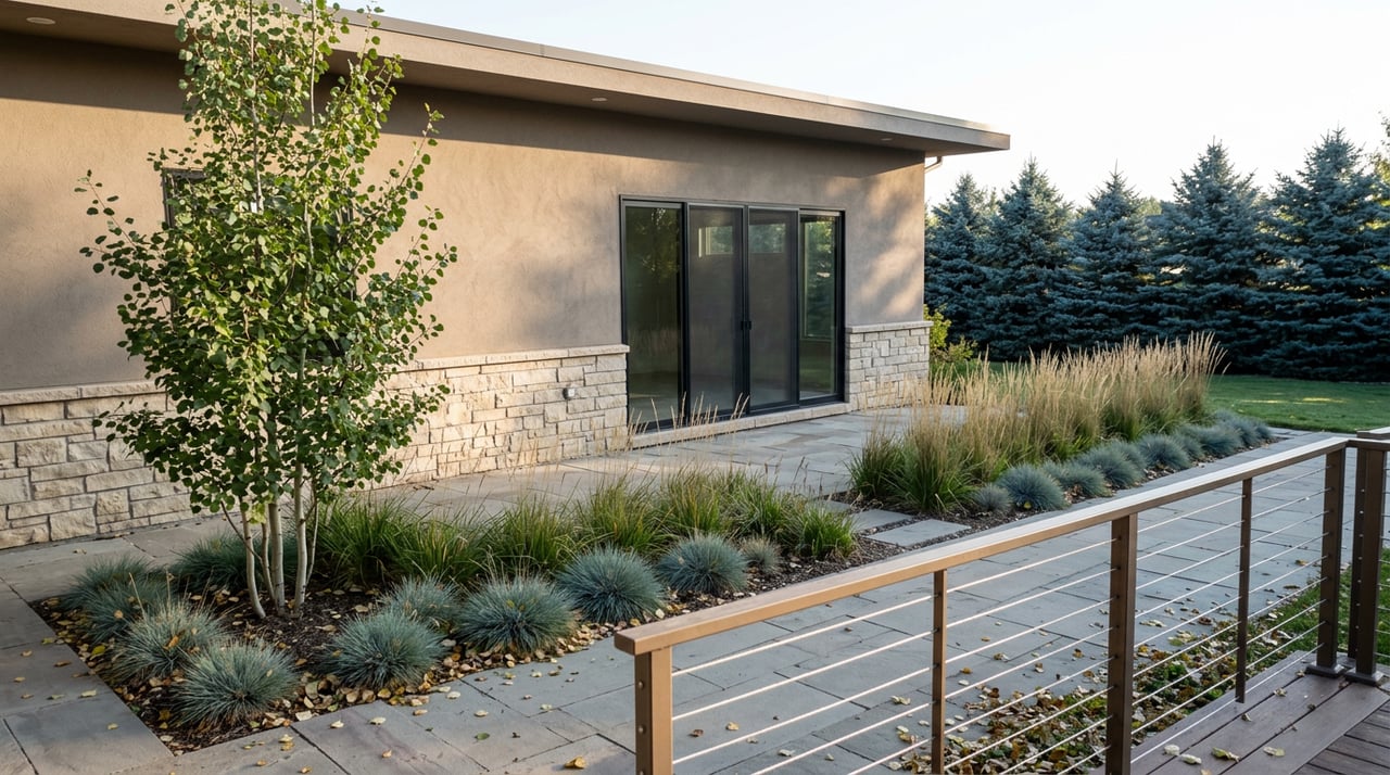 Stone-and-stucco home overlooks a patio edged with grasses and an aspen, behind a cable railing.