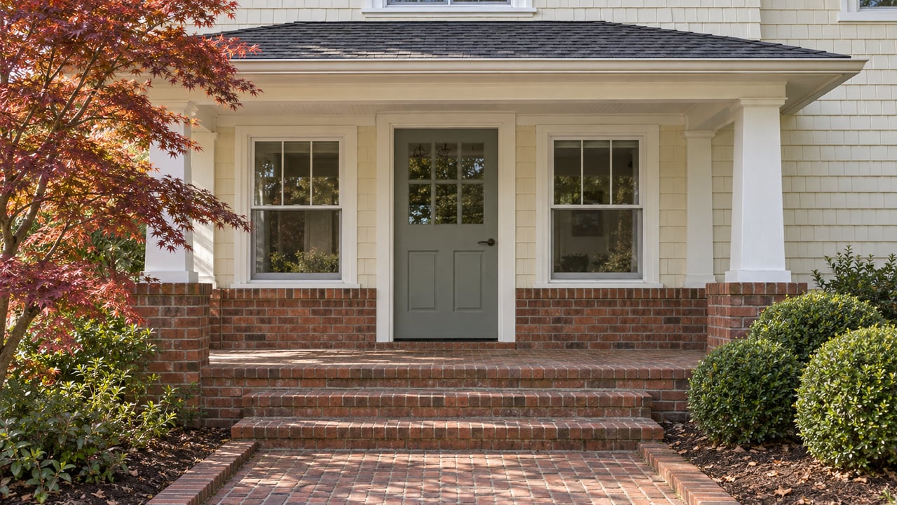 Sunlit cream-shingled home entrance with red-brown brick steps, a gray-green glazed door and a copper-red Japanese maple.