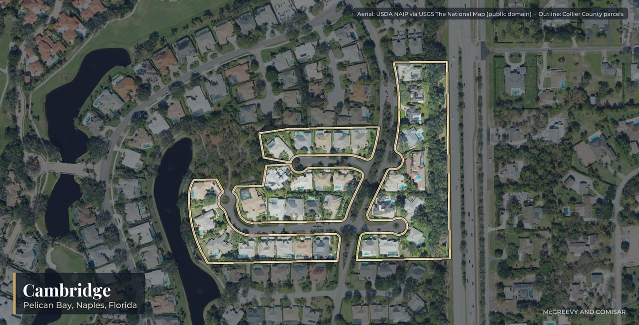 Aerial view of Cambridge at Pelican Bay, Naples, Florida, with its parcels outlined