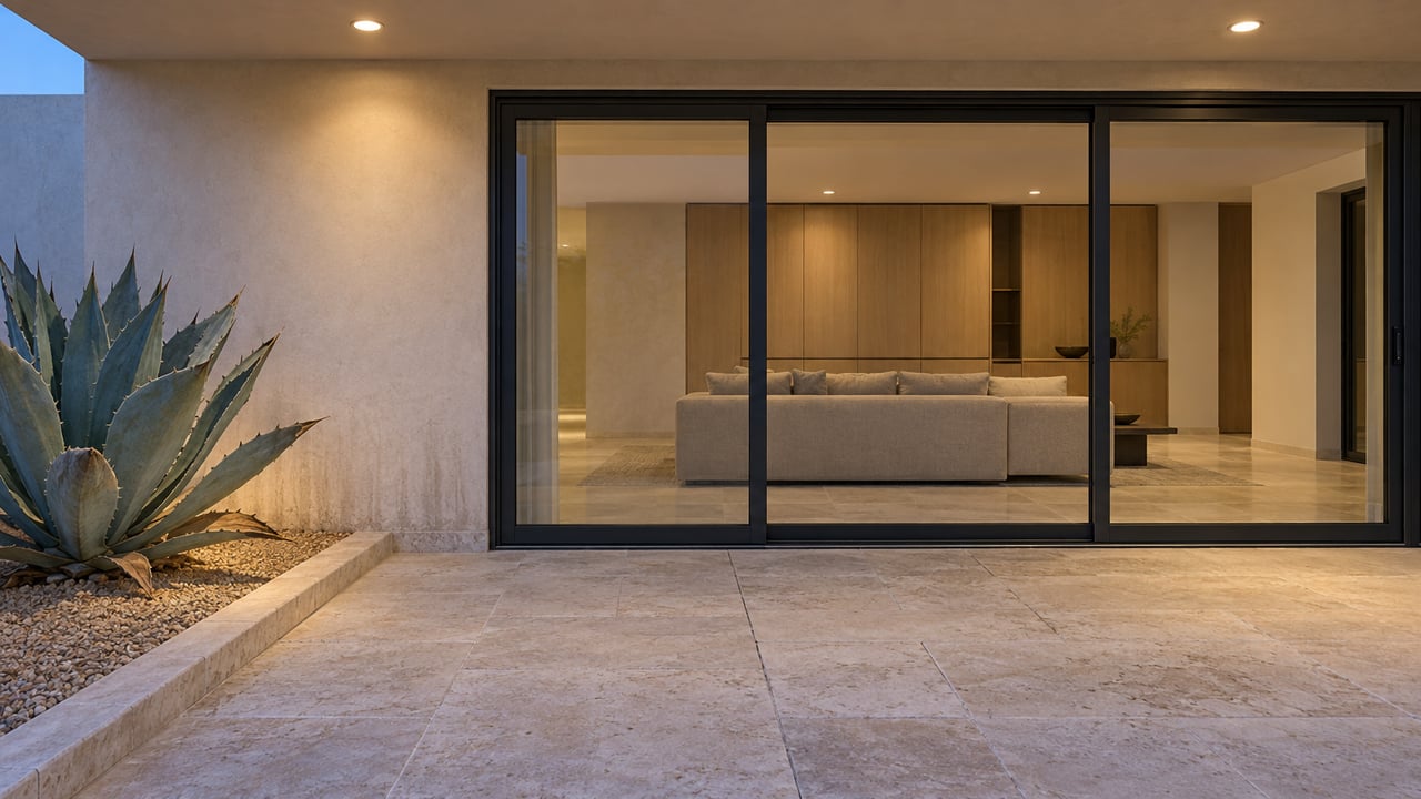 Blue-hour covered terrace with pale stone paving, cream plaster, a sculptural blue-gray agave and closed dark-framed glass doors revealing a softly lit great room.
