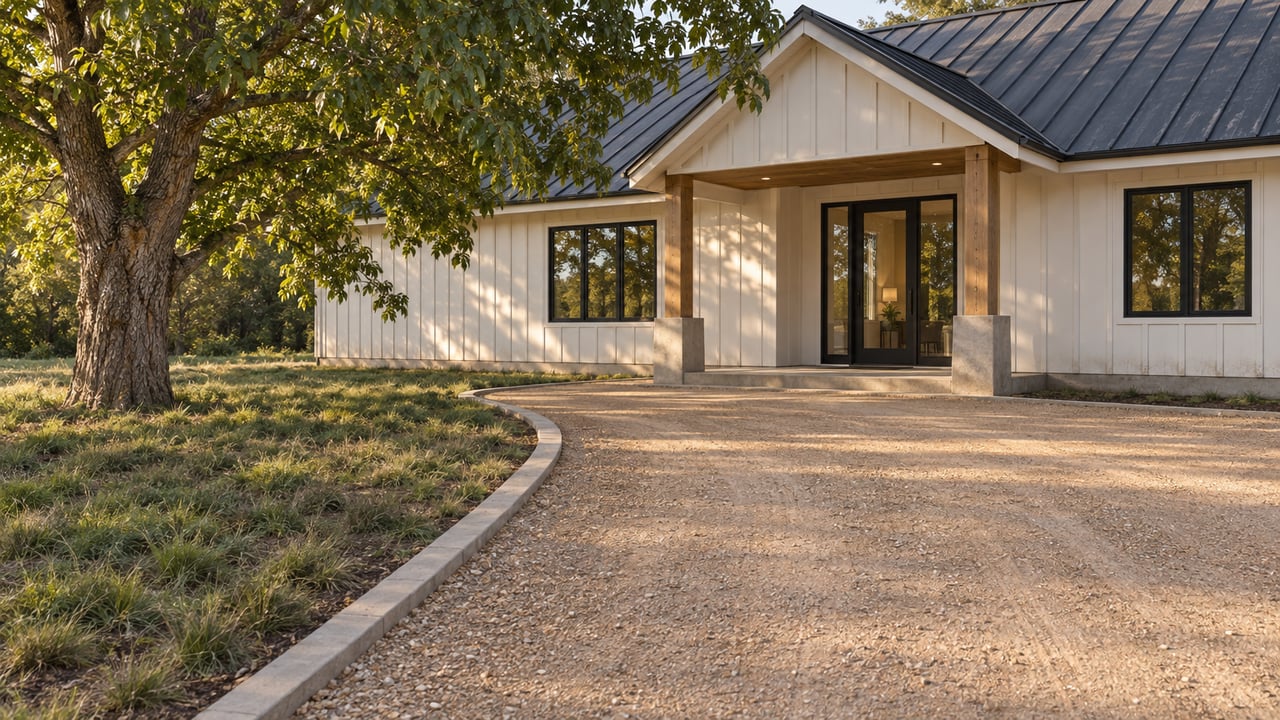 Ranch house with a charcoal gabled roof, recessed glazed entry, and curving gravel drive beneath a mature tree.