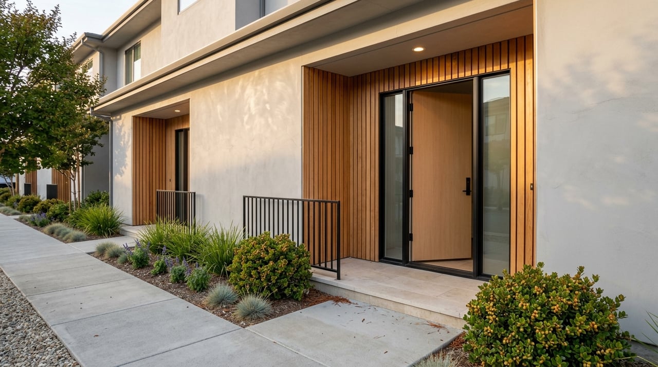 Two adjacent modern townhome doors along a shared walkway.