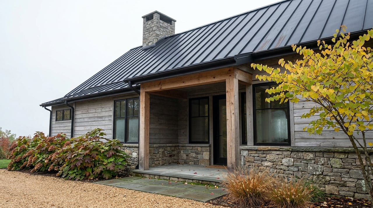 Mountain-modern home entry with a stone landing, cedar siding, black metal roof, and yellowing redbud tree.