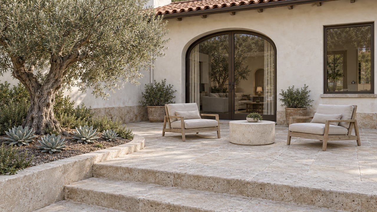 An elevated view of a limestone terrace beside a white plaster home, with arched bronze-framed glass doors, teak chairs and a sculptural olive tree.