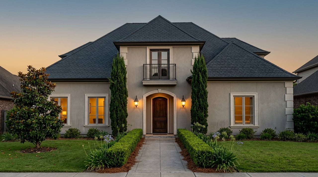 Stucco home glows at dusk, with an arched wood-door entry, Juliet balcony, and cypress trees.