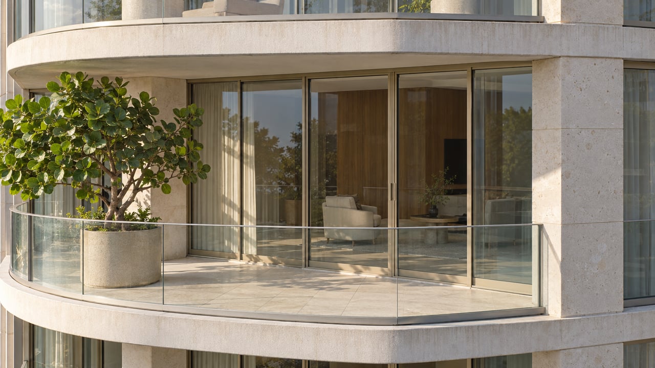 Curved pale-stone residential balconies with clear glass balustrades, enclosed floor-to-ceiling glazing and a sea grape tree in a concrete planter.