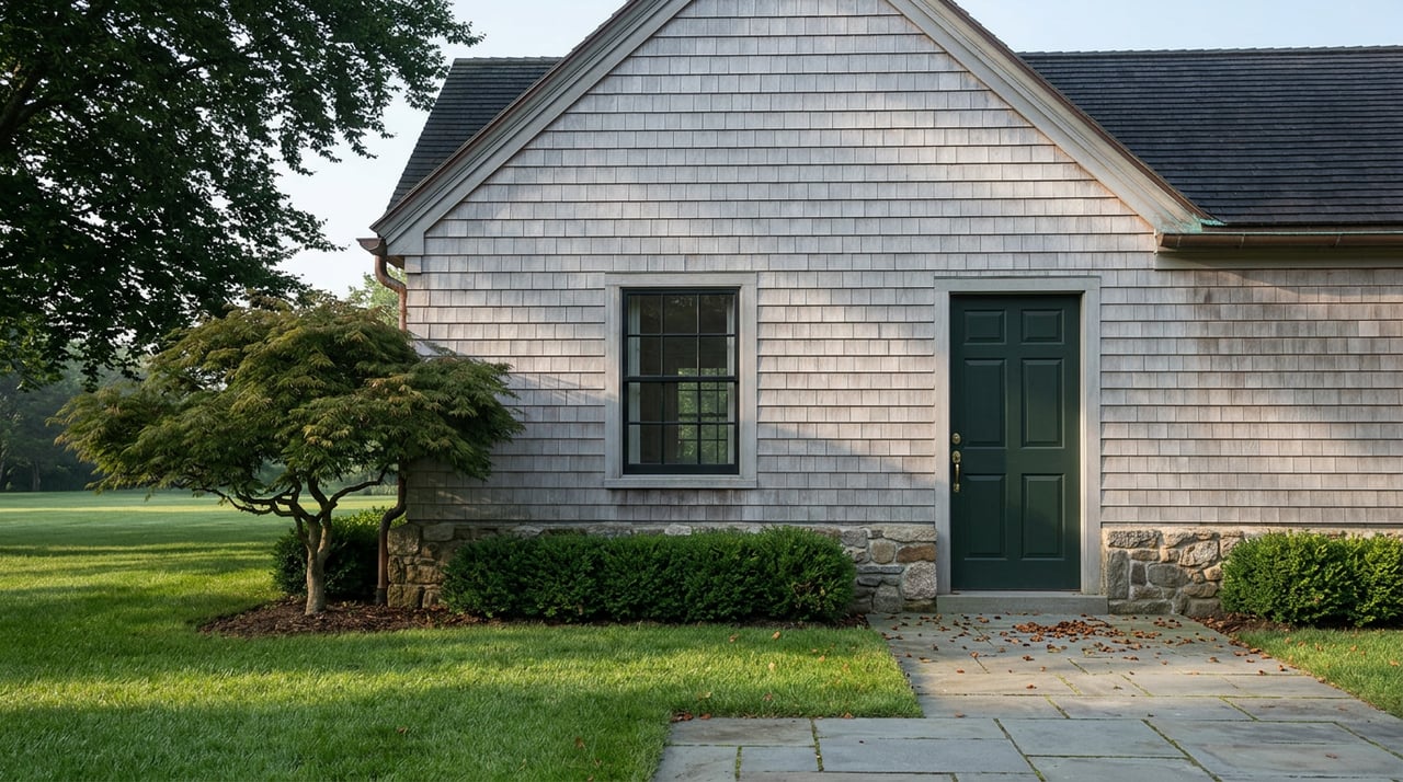 Detached silver-gray shingle outbuilding with a dark green door, fieldstone base, and clipped hedge beside a lawn.