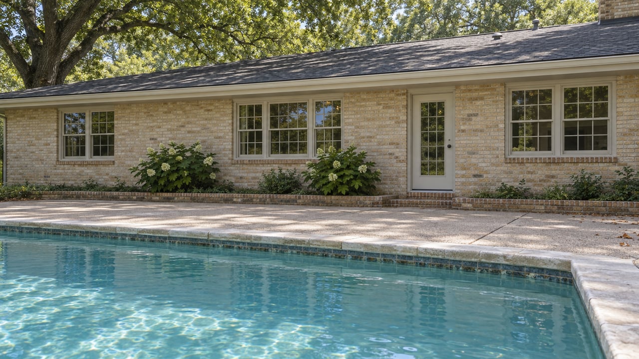 Buff brick house with a low hipped roof beyond a blue-green pool and limestone coping, shaded by a mature oak.