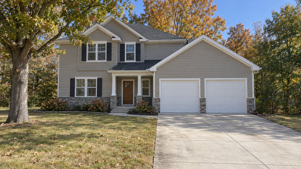 Taupe gabled home with a two-car garage, broad concrete driveway, patchy lawn and oak foliage beginning to turn.