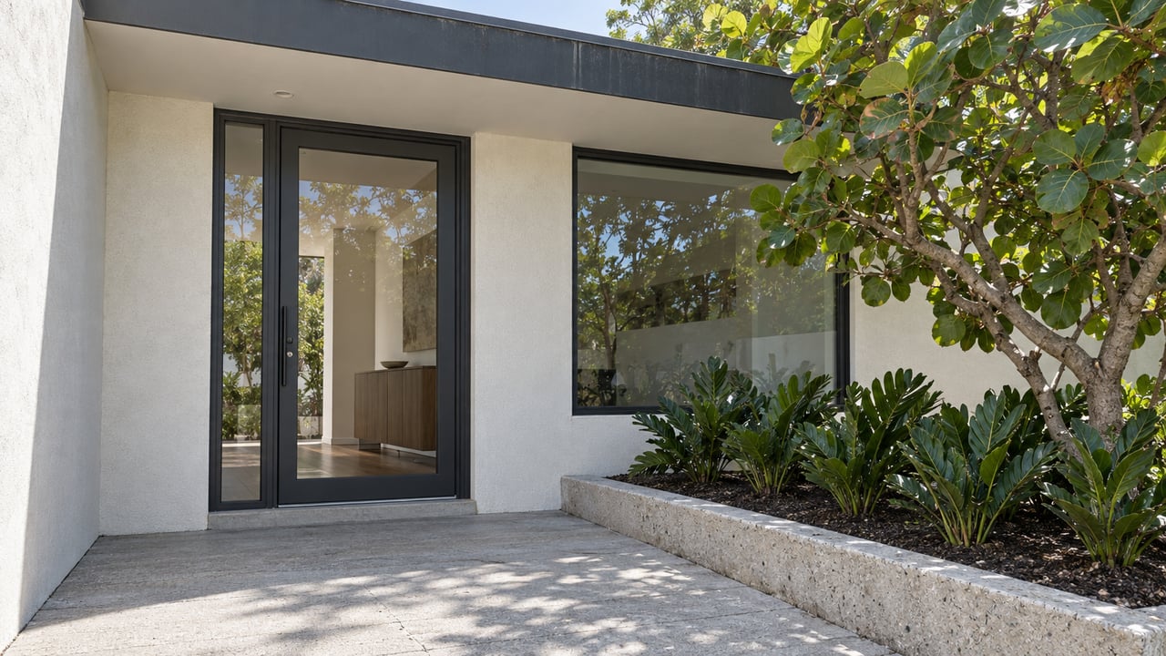 A modernist home's recessed glass entrance beneath a charcoal canopy, with textured white stucco, a concrete approach, and a sea grape in a raised planting bed.