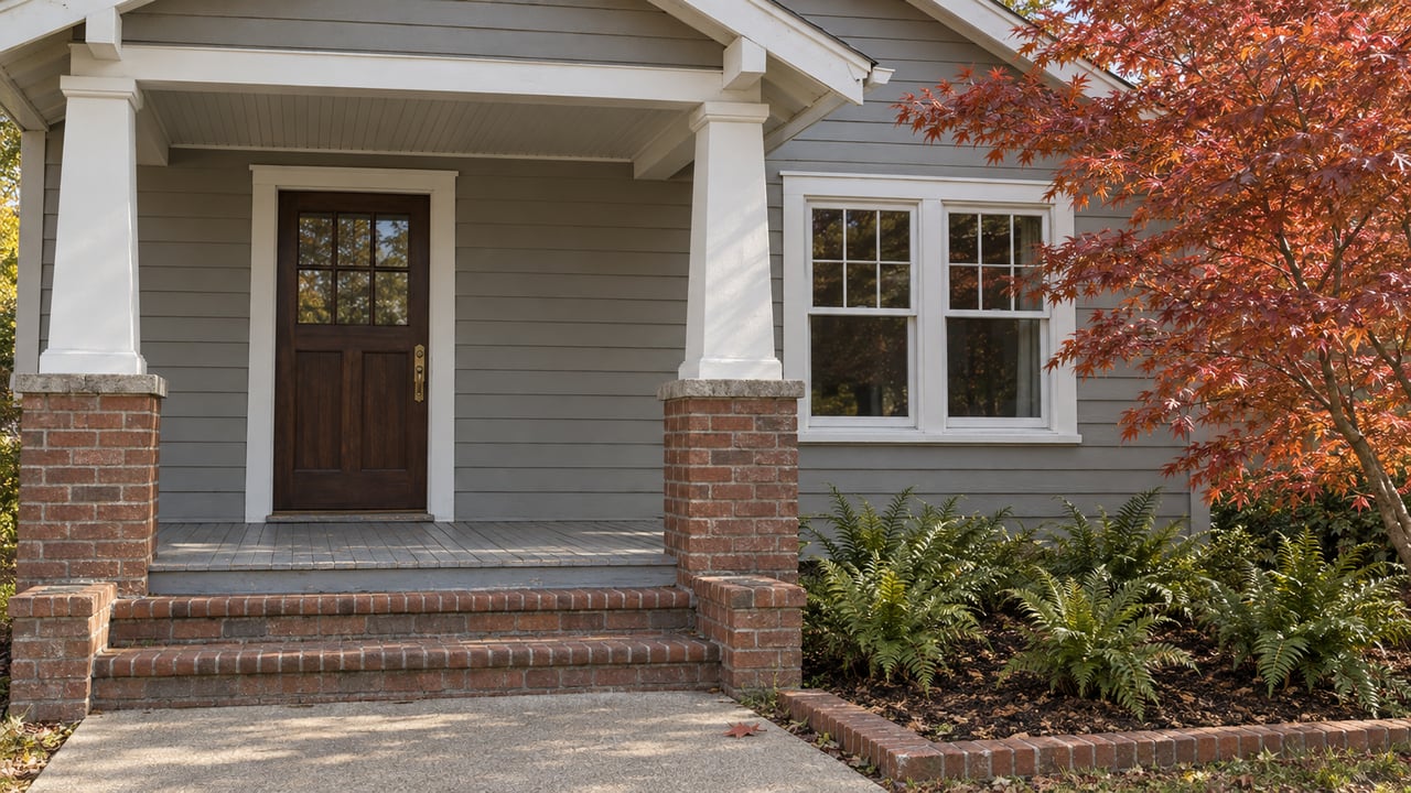Gray clapboard bungalow entry with white porch columns, weathered brick steps, and a copper-red Japanese maple.
