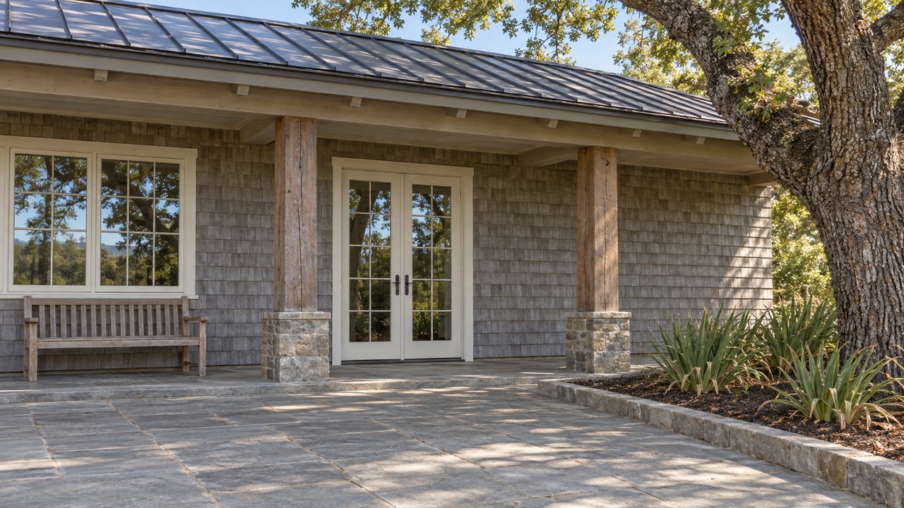 Weathered shingle country home with a covered porch, sandstone terrace, and a mature oak beside a planted bed.
