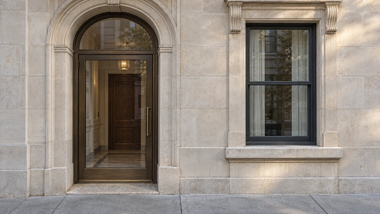 Warm limestone residential entrance with an arched bronze-and-glass door, a tall dark sash window and worn gray sidewalk.