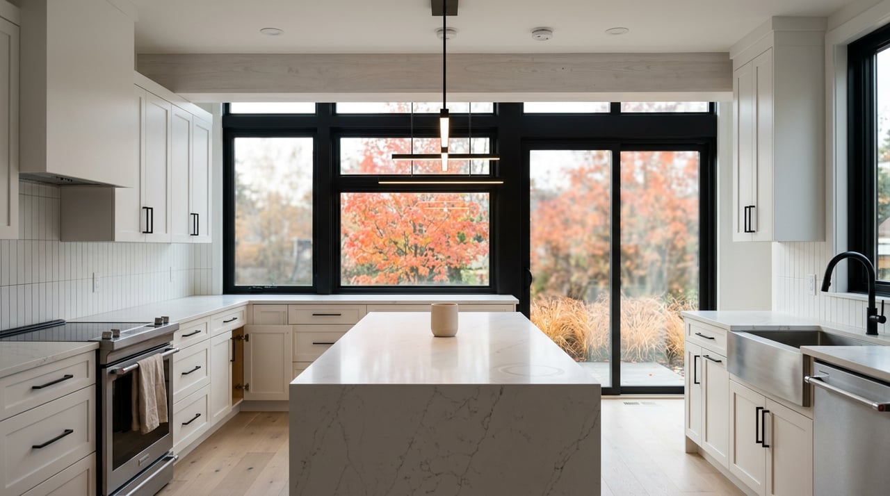 New-home kitchen with a veined quartz island, white shaker cabinets, black-framed glass, and autumn foliage outside.