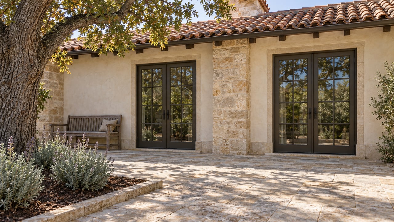 Sunlit clay-tile residence courtyard with paired bronze-framed doors, limestone paving and a mature oak.