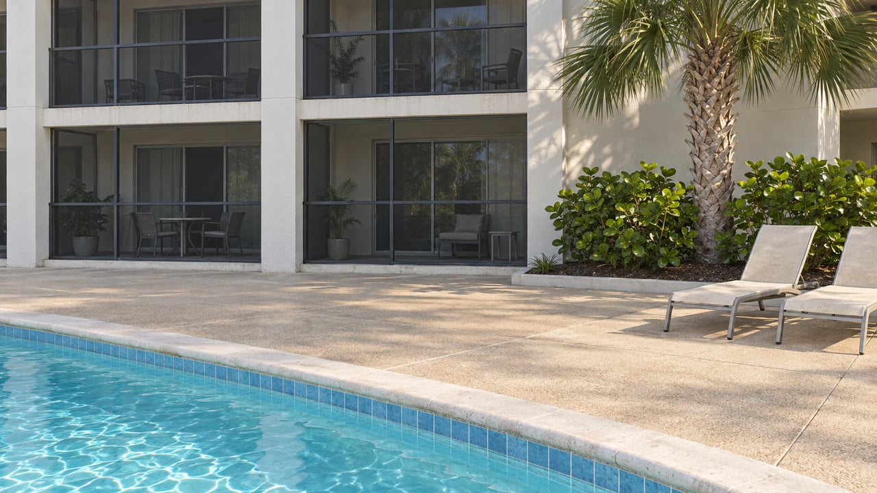 Aqua condominium pool beside a broad concrete sun deck, two loungers, a mature palm and white screened balconies.