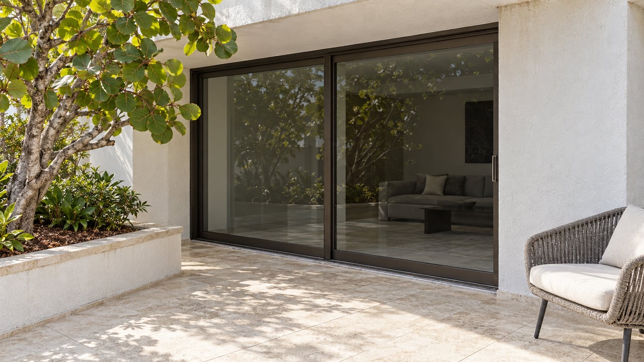 Sunlit limestone condominium terrace with closed bronze-framed glass doors, white stucco, a woven chair and a sculptural sea grape tree.