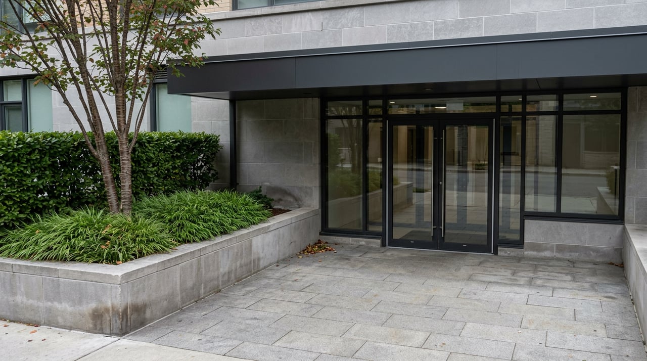 High-rise entrance with glass doors, gray limestone walls, and a raised planter with a serviceberry tree and grasses.