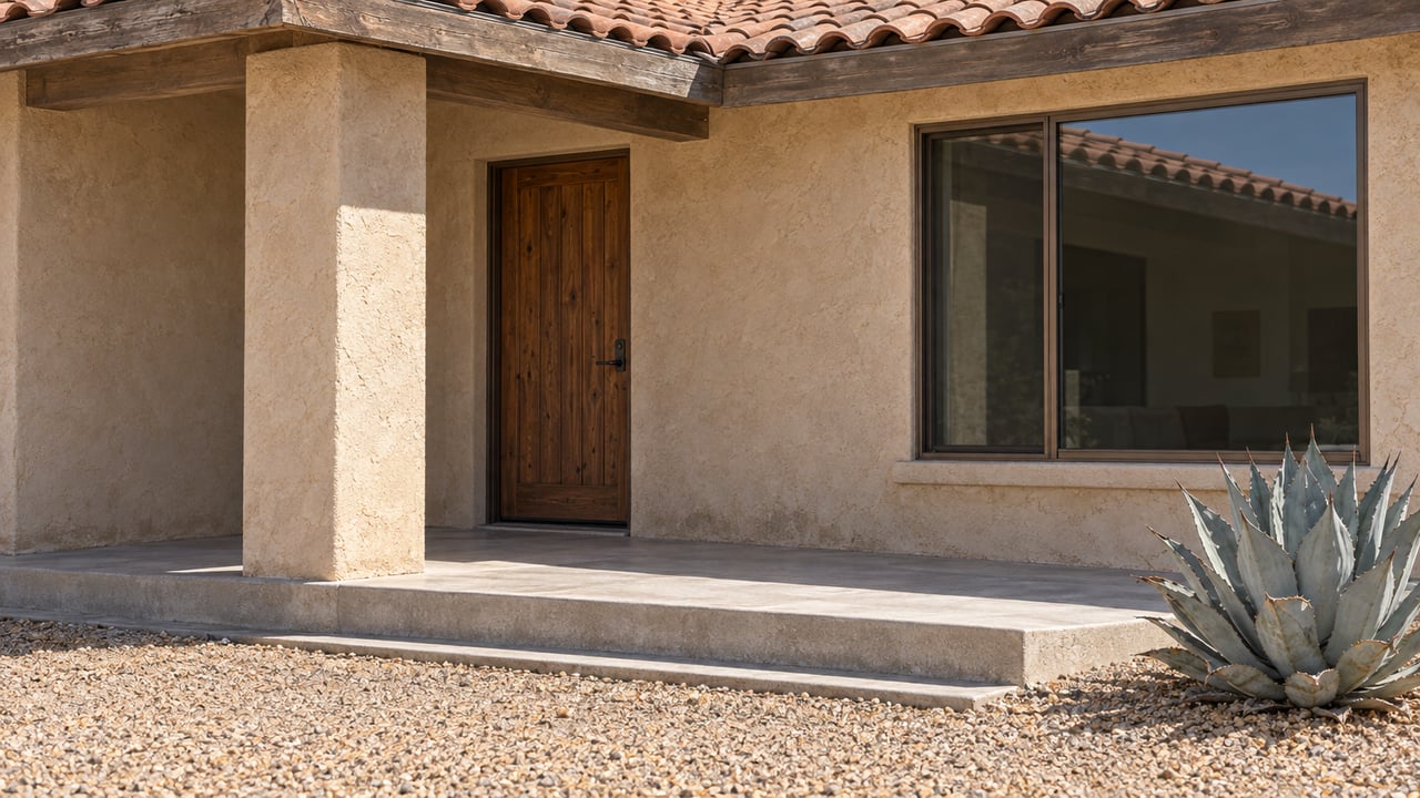 Southwestern home porch with a wooden entry door, broad window, and agave plant.