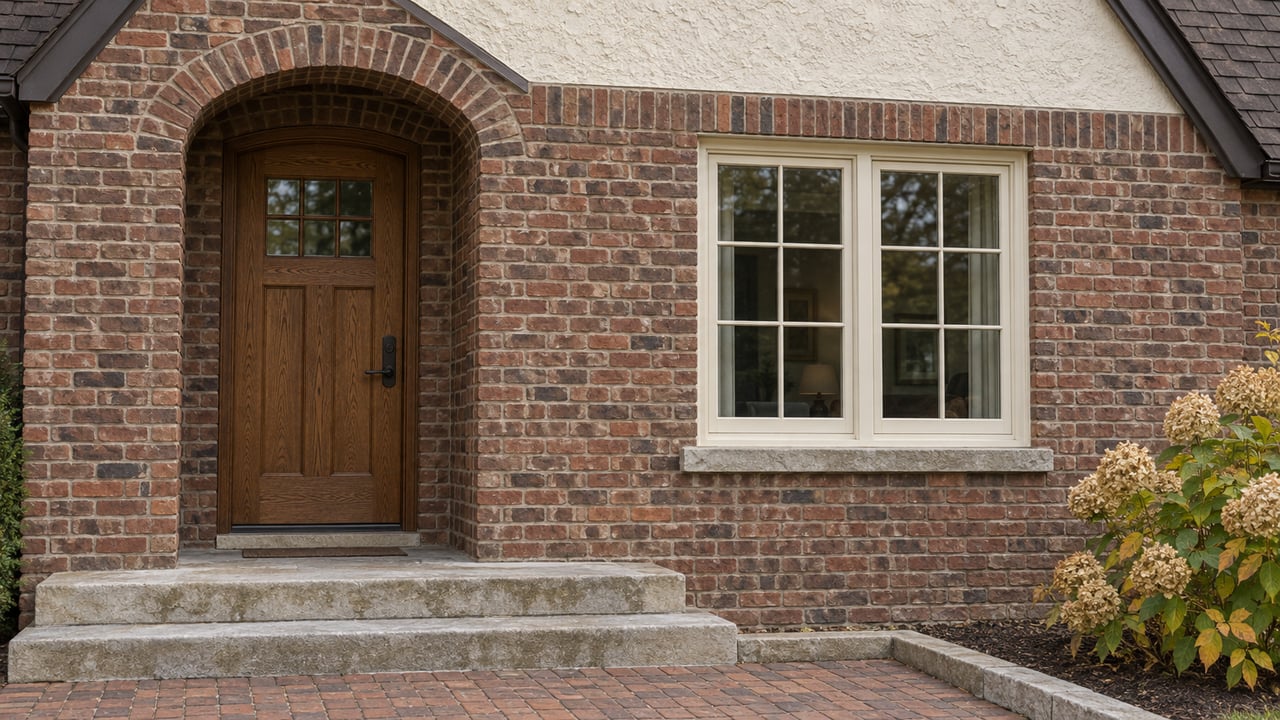 Arched brick entry with a closed oak door, cream-framed window and worn limestone steps in soft autumn daylight.