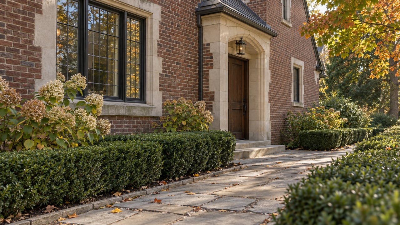 Recessed oak side door in a brick house beside a leaded-glass window, limestone path, and maple branches.