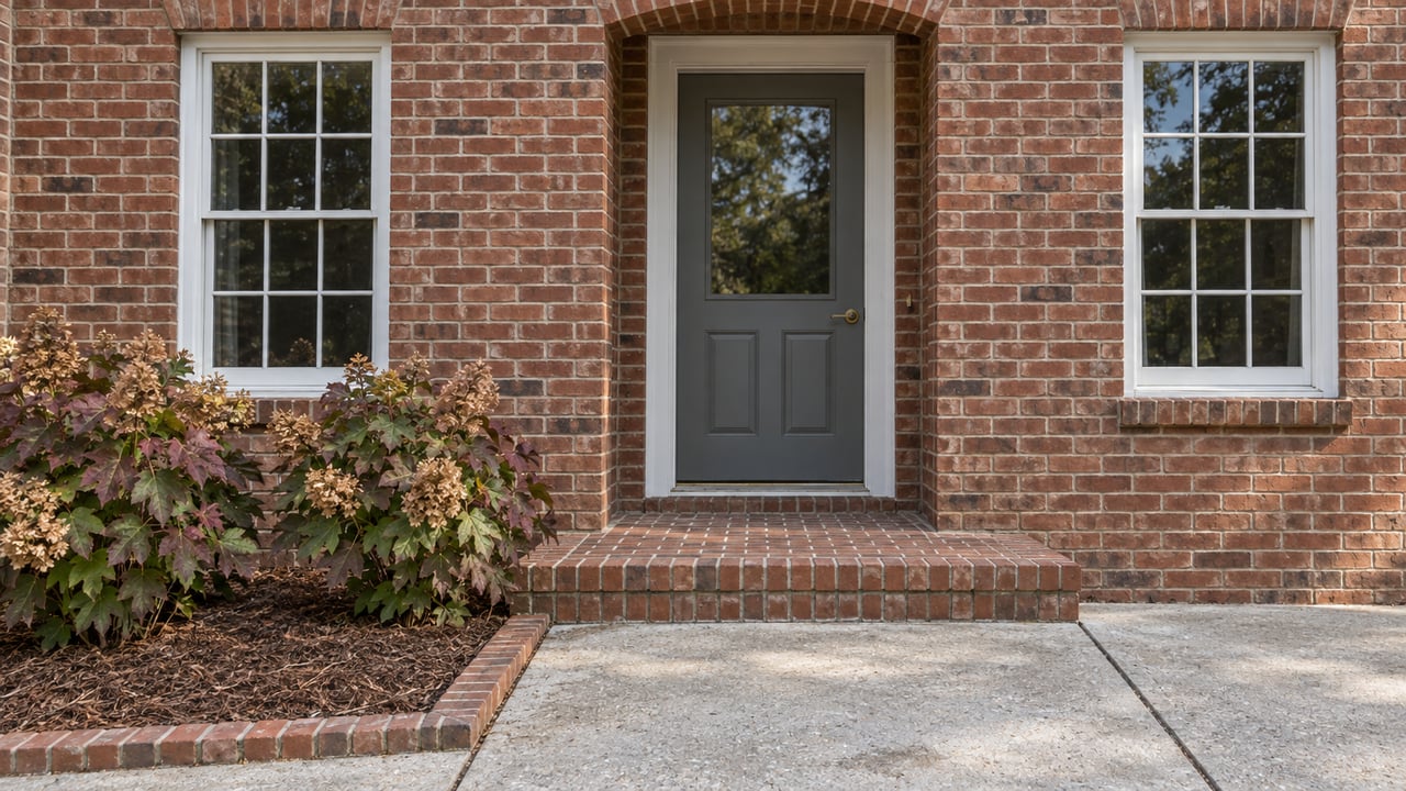 Brick home entrance with a gray door, paired white-trimmed windows, a brick step and oakleaf hydrangeas beside the concrete walk.
