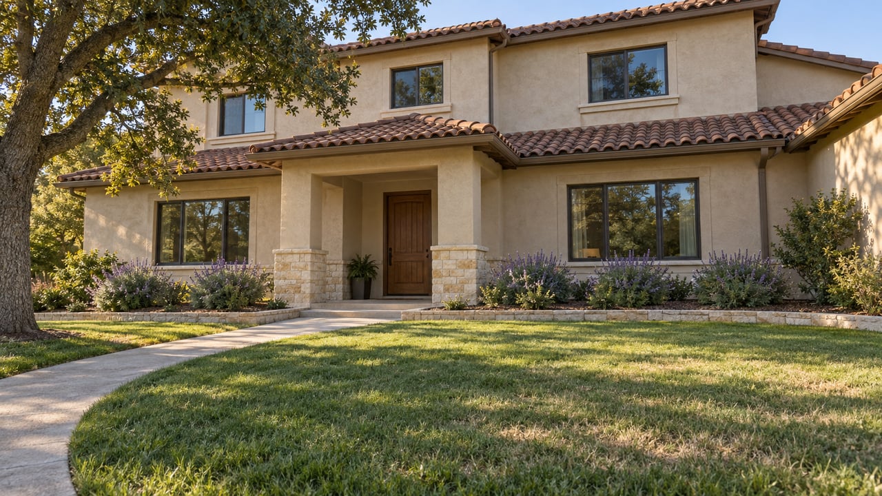 Two-story stucco home with terracotta roof tiles, a recessed wood entry, deep front lawn and mature oak in soft afternoon light.
